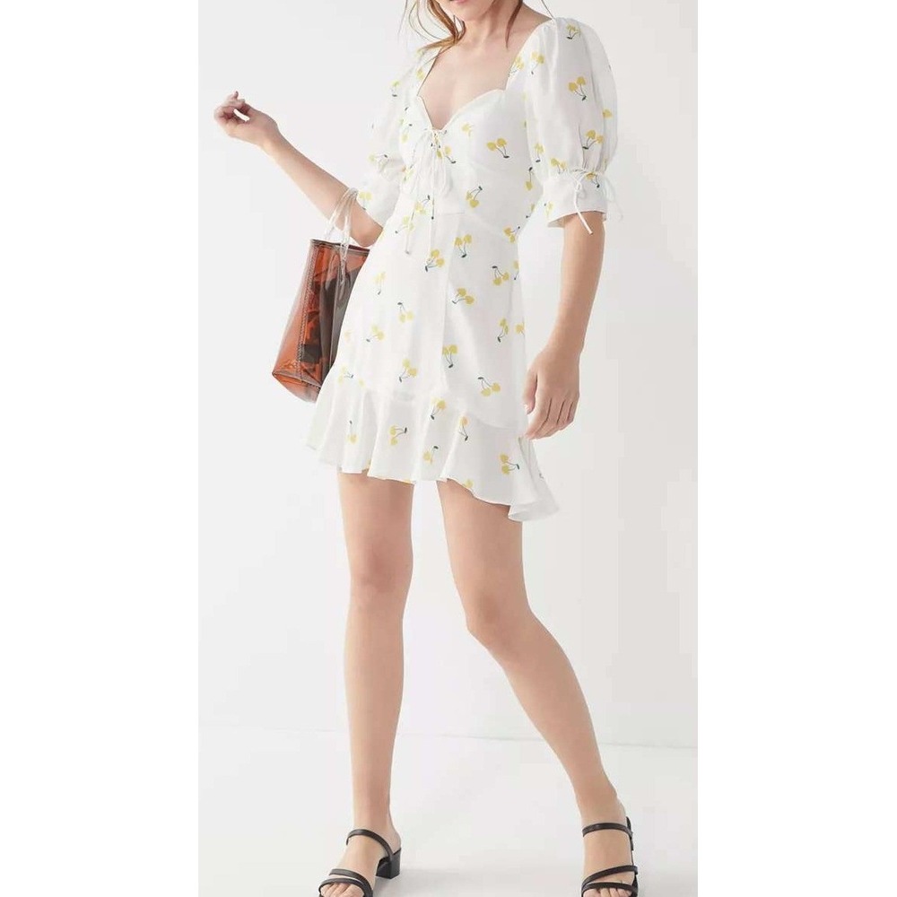For Love & Lemons Ashland Cherry Print‎ Lace Up Ruffle Mini Dress White Medium